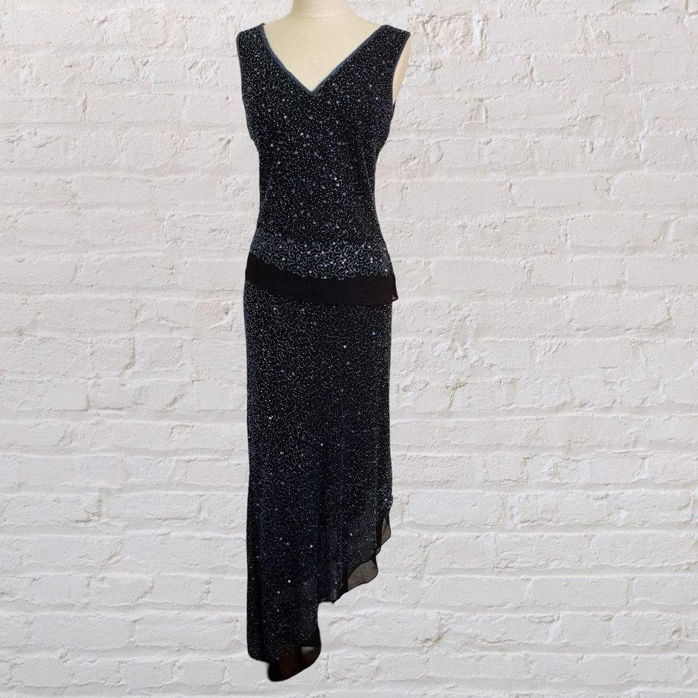 Black beaded two-piece midi dress with asymmetrical hem from Newport News